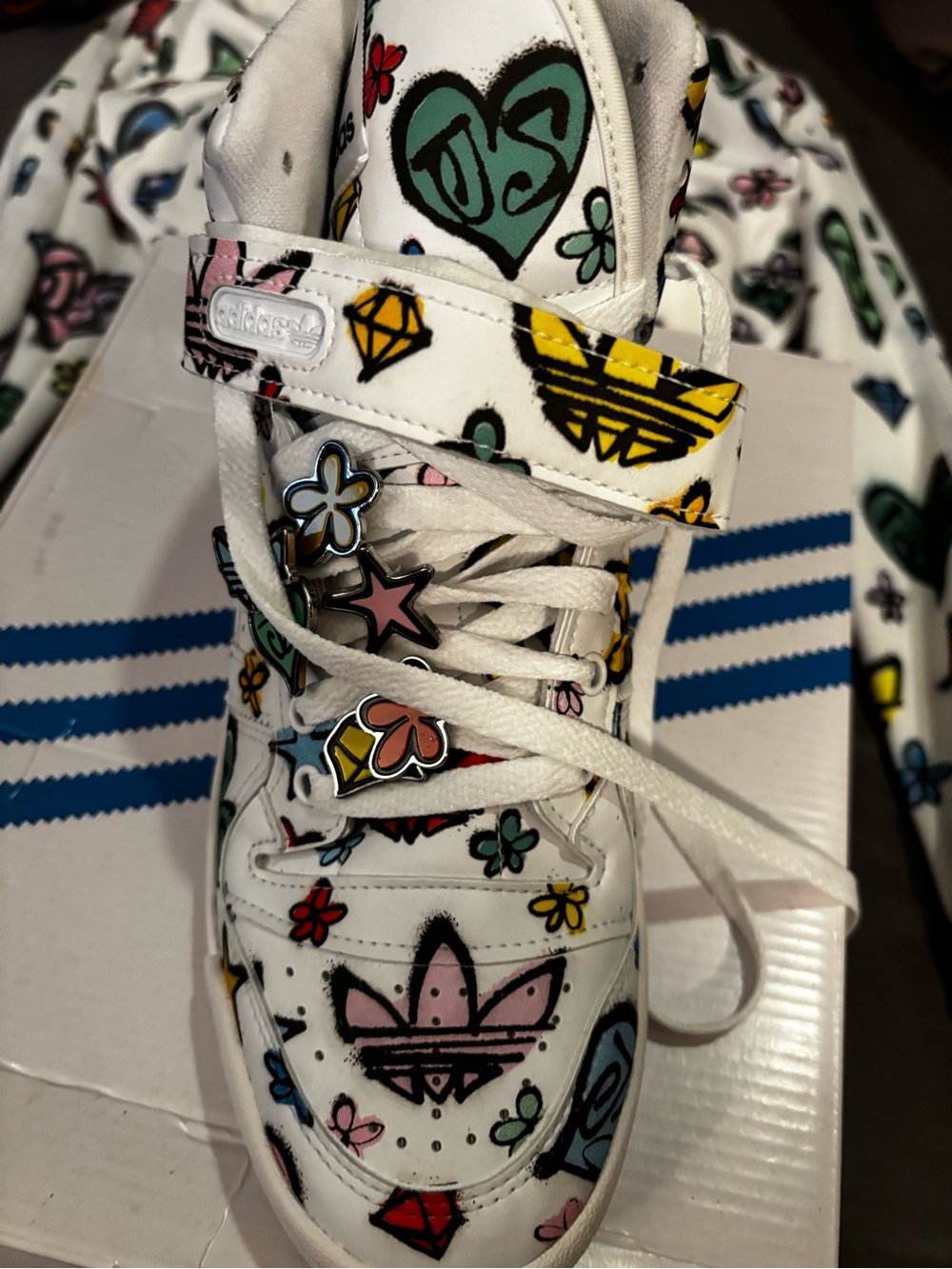 adidas White Multi-Color Graffiti Heart & Flower High-Top Sneakers